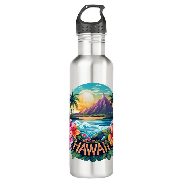 Hawaii Aloha Tropical Beach Mountains Travel Stainless Steel Water Bottle (Front)