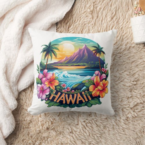 Hawaii Aloha Tropical Beach Mountains Travel Throw Pillow