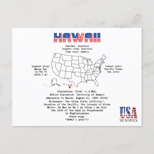 Hawaii American state on a map and useful info Holiday Postcard
