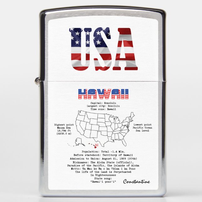 Hawaii American state on a map and useful info Zippo Lighter (Front)