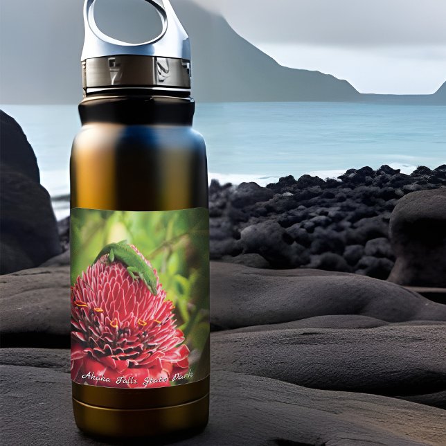 Hawaii Anole Lizard Red Tropical Flower Akaka Fall Square Sticker (Sticker of Hawaiian Anole Lizard)