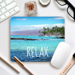 Hawaii Beach Blue Ocean Green Palm Trees Relax Mouse Pad<br><div class="desc">“Relax.” Return back to tropical vacation breezes, clear turquoise blue water and swaying palm trees while you work on your computer with this stunning, vibrantly-colored photo mousepad. Exhale and explore the peace of this sunny Big Island Hawaiian beach. Makes a great gift for someone special! You can easily personalize this...</div>