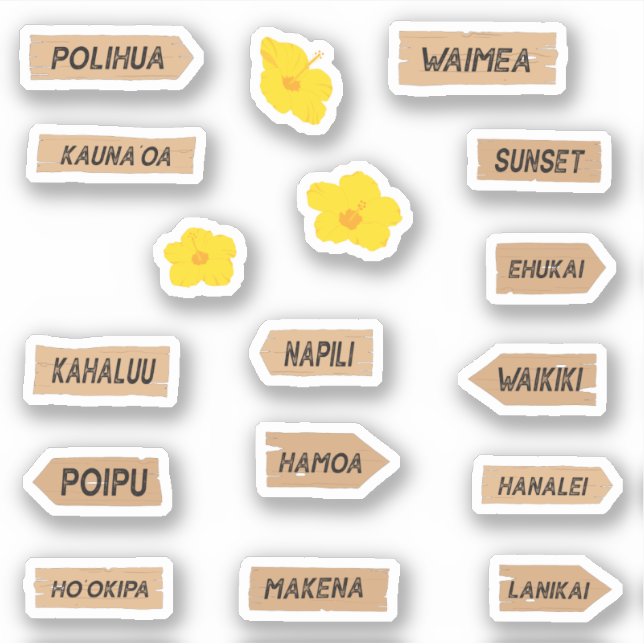 Hawaii Beach Names and Hibiscus Flowers Sticker (Front)