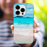 Hawaii Beach Tropical Girly Blue Confetti Custom iPhone 16 Pro Case<br><div class="desc">Think of summer each time you use this personalized name cell phone case. Enjoy the solitude of an empty Hawaii beach with this stunning, vibrantly-colored coastal photo, tipped with tiny, sparkly turquoise blue and gold, glam confetti dots. Makes a great gift for someone special! Just type in the name of...</div>