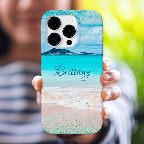 Hawaii Beach Tropical Girly Blue Confetti Custom iPhone 15 Pro Case