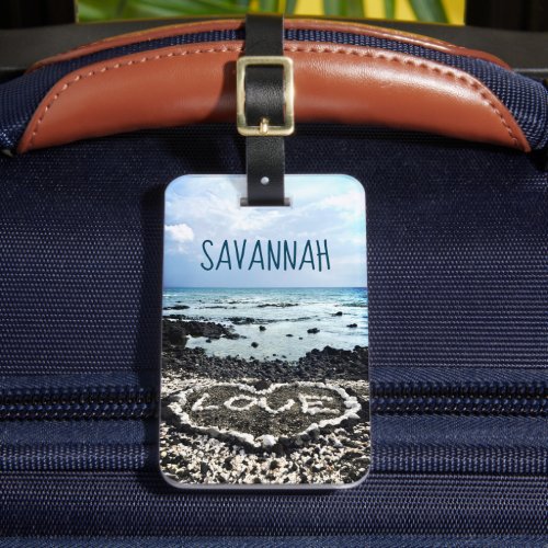 Hawaii Black Beach  Coral Heart Photo Custom Name Luggage Tag