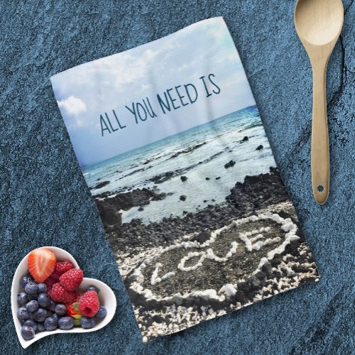 Hawaii black sand beach coral love heart photo kitchen towel