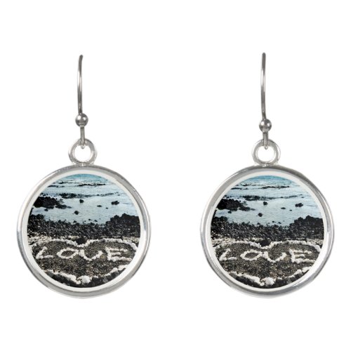 Hawaii black sand beach love coral heart photo earrings