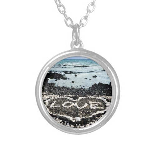 Hawaii black sand beach love coral heart photo silver plated necklace