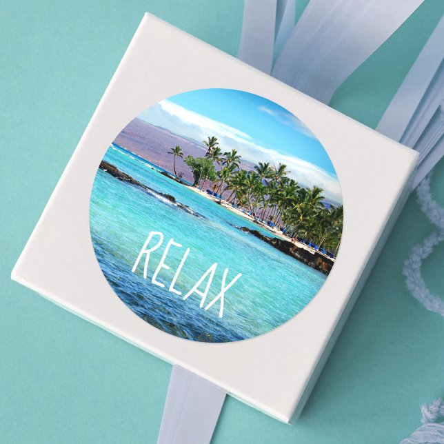 Hawaii Blue Ocean Green Palm Trees Beach Relax Classic Round Sticker (Creator Uploaded)