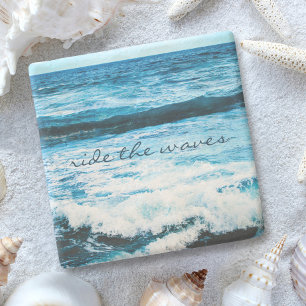 Hawaii Blue Ocean Photo Ride the Waves Quote Bold Stone Coaster