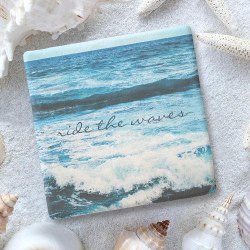 Hawaii Blue Ocean Photo Ride the Waves Quote Bold Stone Coaster
