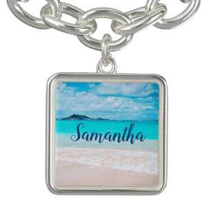 Hawaii blue ocean sandy beach photo custom name bracelet