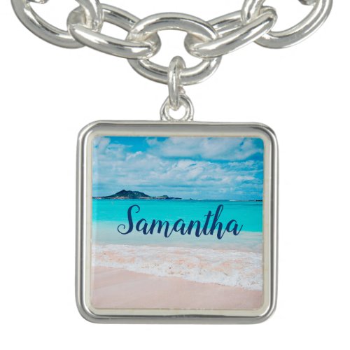 Hawaii blue ocean sandy beach photo custom name bracelet