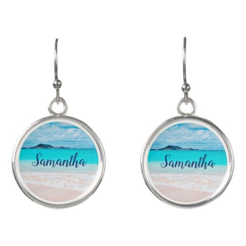 Hawaii blue ocean sandy beach photo custom name earrings