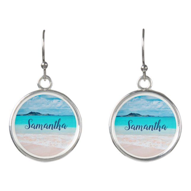 Hawaii blue ocean sandy beach photo custom name earrings (Front)