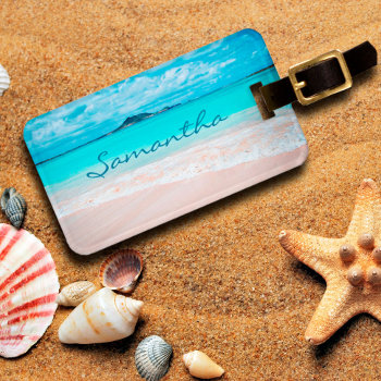 Hawaii Blue Ocean & Sandy Beach Photo Custom Name Luggage Tag by Luceworks at Zazzle