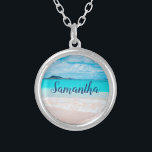 Hawaii blue ocean sandy beach photo custom name silver plated necklace<br><div class="desc">Remind yourself of the fresh salt smell of the ocean air whenever you wear this stunning, vibrantly-colored photo, personalized name charm necklace. This necklace comes in small, medium and large sizes, as well as both square and circle shapes. You can order this necklace in your choice of sterling silver, silver...</div>