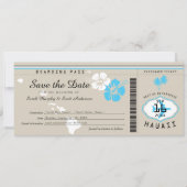 Hawaii Boarding Pass Tand and Blue Save the Date Invitation (Front)