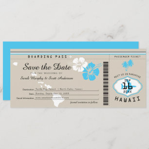 Hawaii Boarding Pass Tand and Blue Save the Date Invitation
