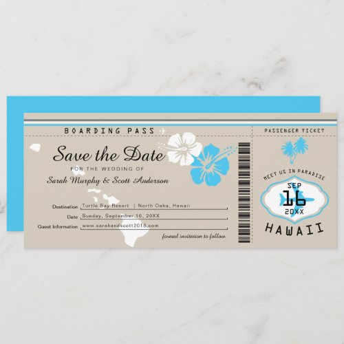 Hawaii Boarding Pass Tand and Blue Save the Date Invitation