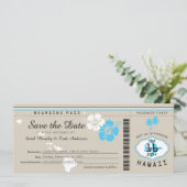 Hawaii Boarding Pass Tand and Blue Save the Date Invitation (Standing Front)
