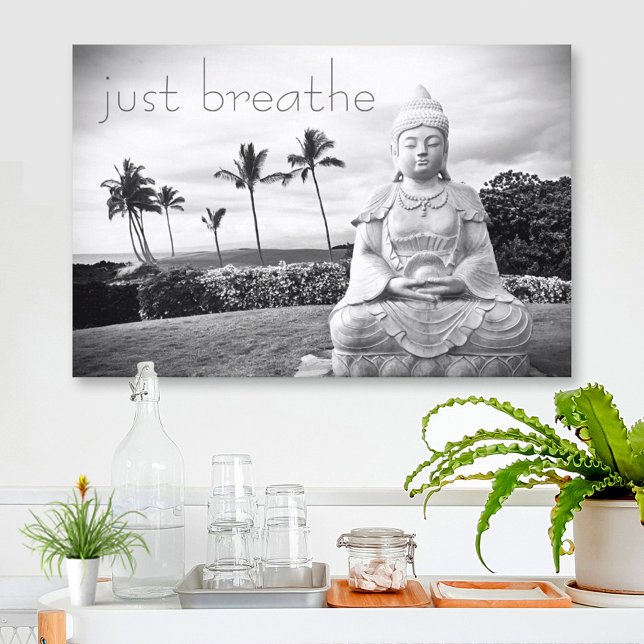 Hawaii Buddha Black White Photo Just Breathe Quote Canvas Print (Creator Uploaded)