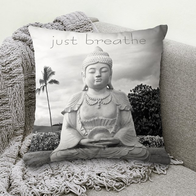 Hawaii Buddha Black White Photo Just Breathe Quote Throw Pillow (Creator Uploaded)