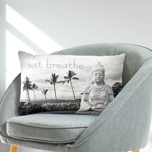 Hawaii Buddha Just Breathe Black and White Photo Lumbar Pillow