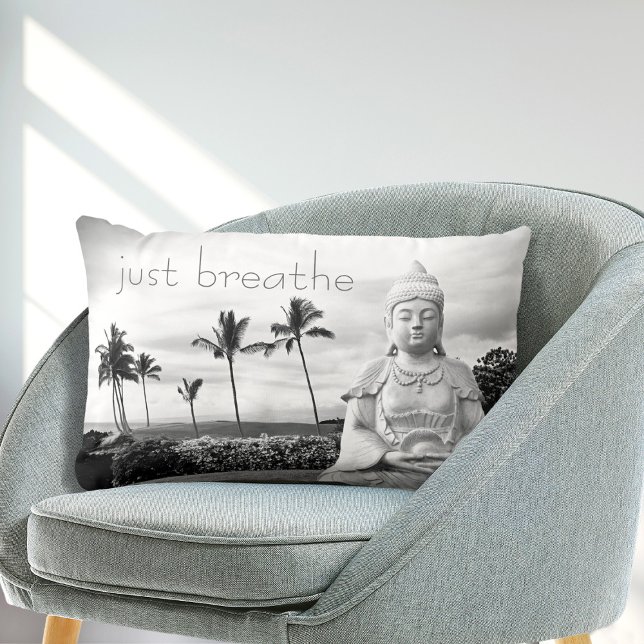 Hawaii Buddha Just Breathe Black and White Photo Lumbar Pillow (Creator Uploaded)