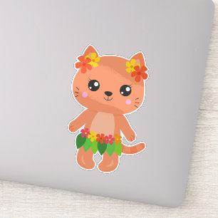 Hawaii Cat, Cute Cat, Orange Cat, Flowers, Luau Sticker
