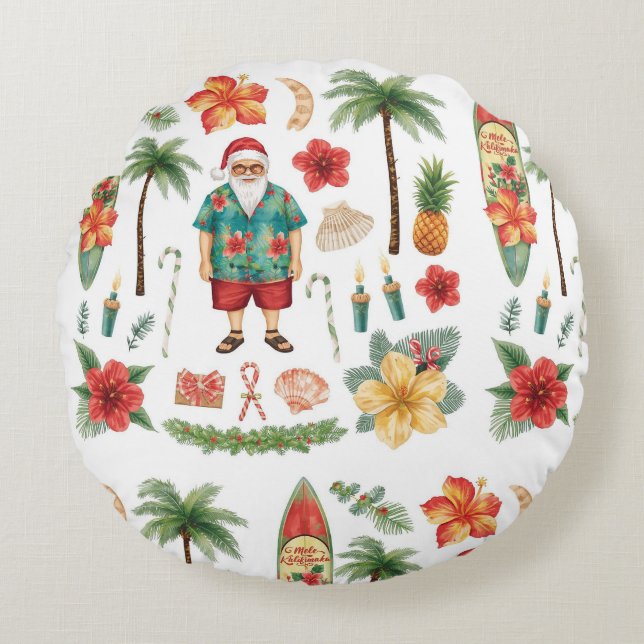 Hawaii Christmas themed with Santa Claus Round Pillow (Front)