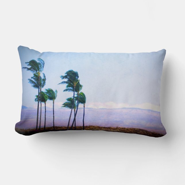 Hawaii coastal palm trees purple mountain tropical lumbar pillow (Front)
