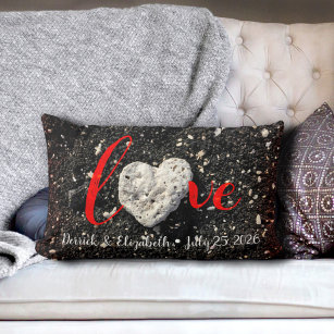 Hawaii Coral Heart Red Love Couples Names and Date Lumbar Pillow