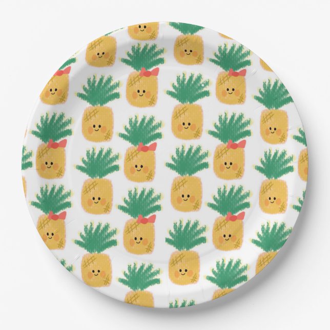 Hawaii Cute Pineapples Tropical Birthday Paper Plates (Front)