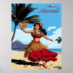 Hawaii, Dancing Hula Girl at the Beach, Travel Poster