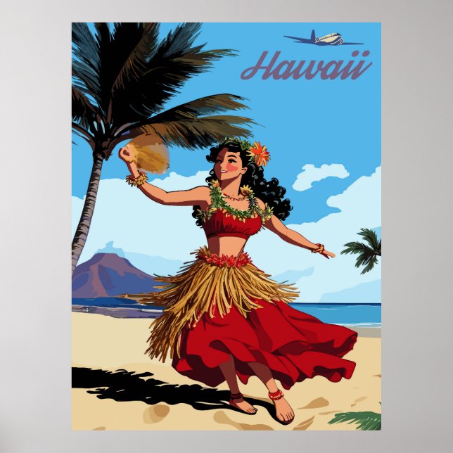 Hawaii, Dancing Hula Girl at the Beach, Travel Poster (Front)