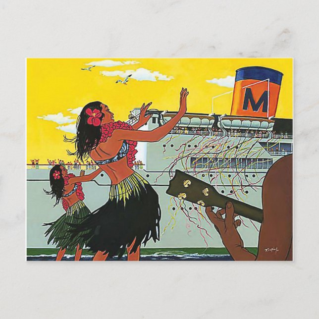 Hawaii, dancing hula girls welcome tourist ship postcard (Front)