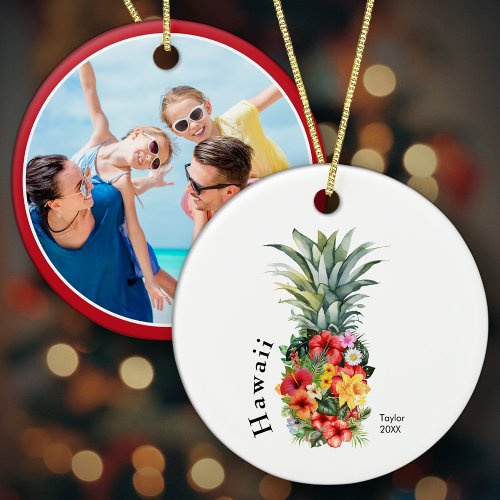 Hawaii Family Vacation Photo Pineapple Christmas Ceramic Ornament