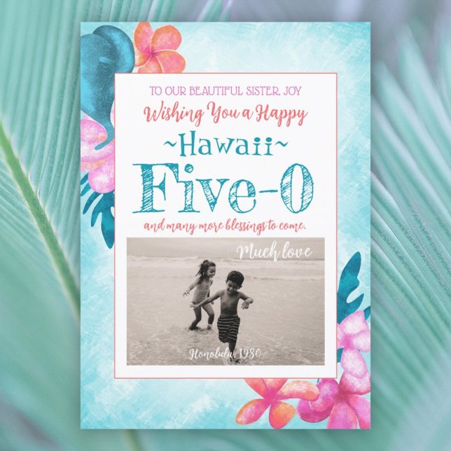 Hawaii Five-0 50th Birthday Turquoise, Aqua, Pink Invitation (turquoise, tropical teal, pink, coral orange flowers, hawaii 5-0 five-0 happy 50th birthday fifty)