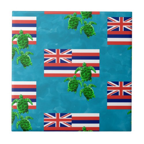 Hawaii Flag and Green Sea Turtles Ceramic Tile