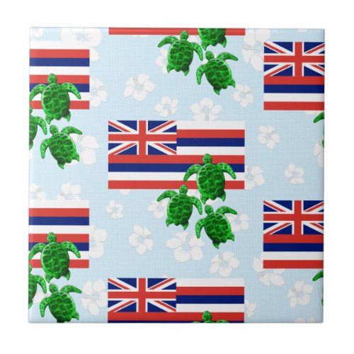 Hawaii Flag and Green Sea Turtles Floral Ceramic Tile