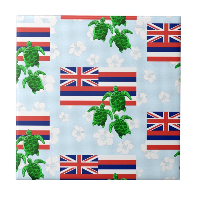 Hawaii Flag and Green Sea Turtles Floral Ceramic Tile (Front)