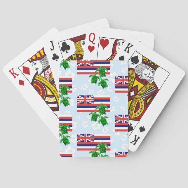 Hawaii Flag and Green Sea Turtles Floral Poker Cards (Back)