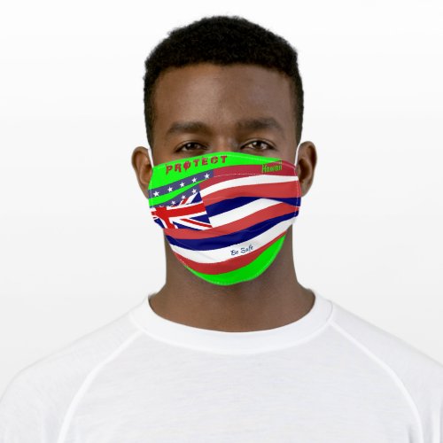 Hawaii Flag w Stars Stripes on Lime Green Adult Cloth Face Mask