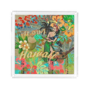 Hawaii Flower Hula Vintage Floral Graphic Acrylic Tray