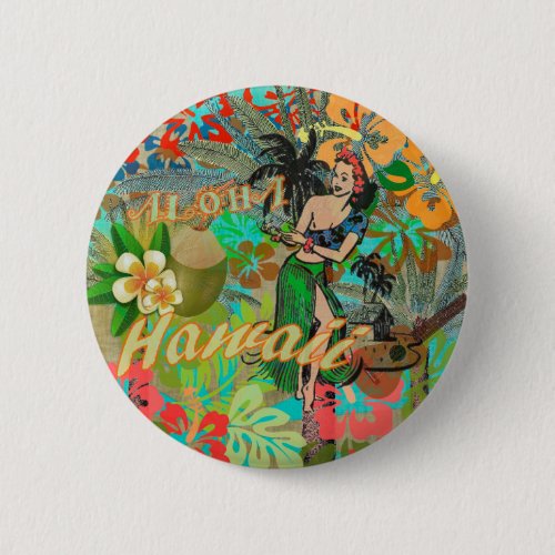 Hawaii Flower Hula Vintage Floral Graphic Button