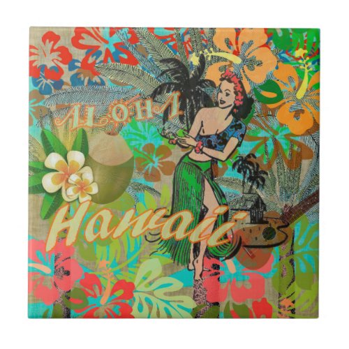 Hawaii Flower Hula Vintage Floral Graphic Ceramic Tile