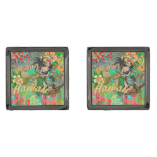 Hawaii Flower Hula Vintage Floral Graphic Cufflinks