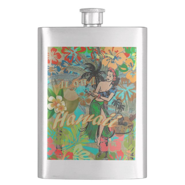 Hawaii Flower Hula Vintage Floral Graphic Flask (Front)